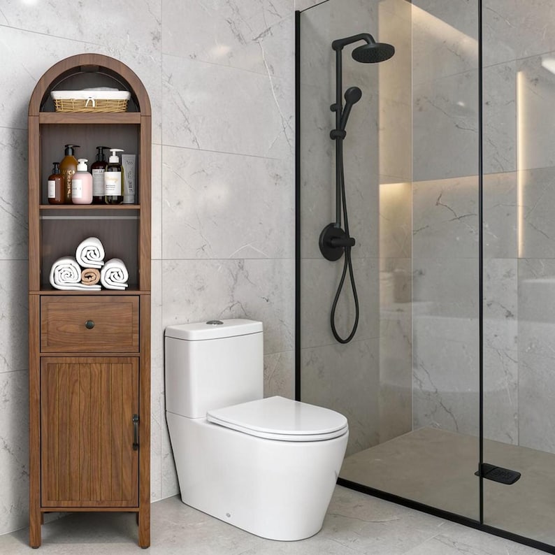 Walnut Tall Bathroom Storage Cabinet Fluted Arched Doors Adjustable ...