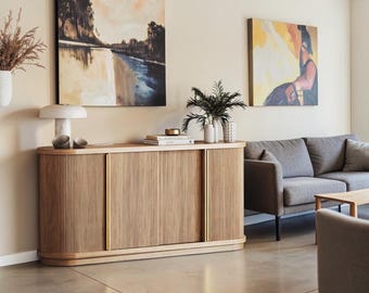 Curved Sideboard Cabinet Tambour Door Fluted Wood Credenza Media Console Buffet