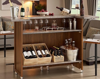 Foldable Bar Table Mobile Coffee Bar Station Storage Cabinet Walnut