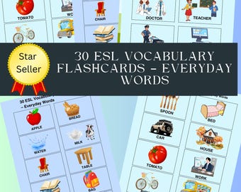 Starter Vocabulary Flashcards Printable | Beginner ESL Cards |Classroom or Homeschool Activity | English Learning