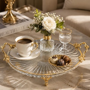 Glass Serving Tray with Ornate Gold Handles, Sunburst Pattern Centerpiece