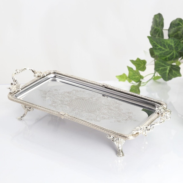 Vintage Ottoman Style Silver Serving Tray, Ornate Engraved Handles, Footed Design