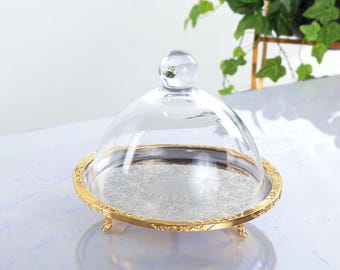 Luxury Gold Glass Serving Cloche, Elegant Dessert & Chocolate Display Stand, 4 Sizes Available
