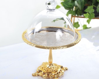 Verzierter Goldsockel-Servierhut, Vintage-inspirierter Glaskuppel-Dessertständer
