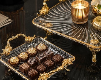 Square Glass Serving Tray with Gold Handles, Elegant Footed Dessert & Candy Dish