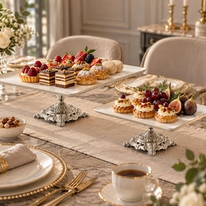 Op de afbeelding: Twee rechthoekige witte keramische serveerschalen met gouden randen, elk ondersteund door een sierlijke, zilverkleurige metalen voet. De schalen staan op een tafel en bevatten een assortiment gebak, verse bessen en vijgen.