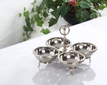 Vintage Silver Serving Bowl Set, Footed Snack Server, Decorative Metal Serving Tray with Handle