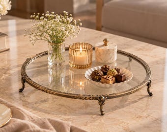 Antique Style Glass Serving Tray, Ornate Metal Rim Pedestal Display Tray, Vintage Vanity Decor