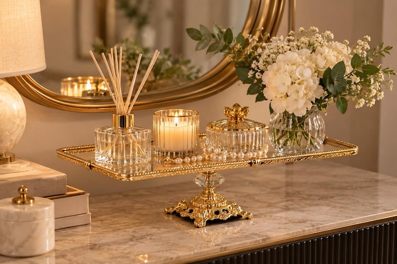 May include: A rectangular gold-rimmed mirrored tray with a decorative pedestal base. The tray holds a glass reed diffuser with wooden sticks, a lit candle in a ribbed glass holder, a lidded glass jar with gold accents, and a vase of white flowers.