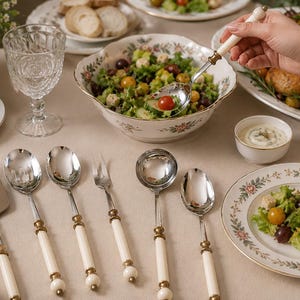 May include: A set of stainless steel flatware featuring off-white handles with gold-tone accents. The collection includes a cake server, various spoons, a fork, and a ladle, all arranged on a table alongside plates of salad and roasted chicken.