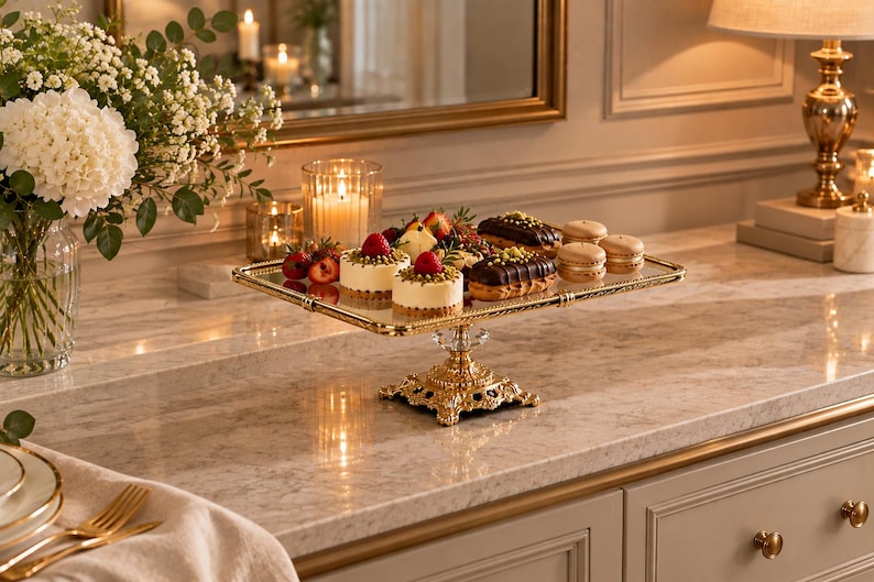 May include: A rectangular glass serving tray with a gold-toned metal rim and an ornate, pedestal-style gold base. The tray holds an assortment of small desserts, including round cakes topped with strawberries and pistachios, and chocolate eclairs.