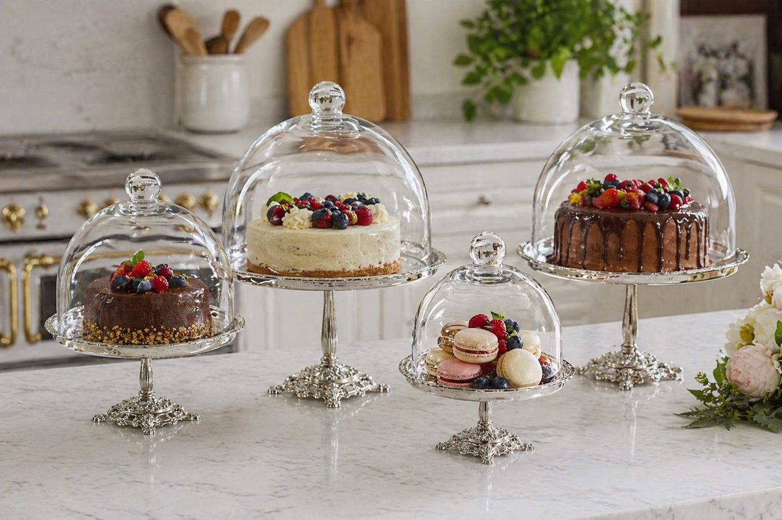 Glas Cloche Kuchenständer, verziertes silbernes Podest Serviertablett, Vintage Dessert Display
