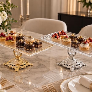 May include: Two rectangular glass serving platters with textured surfaces and ornate metal bases. One platter features a gold-toned base, while the other has a silver-toned base. Both platters are arranged with assorted small pastries and fruit tarts.