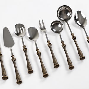 8-Piece Antique Style Serving Utensil Set, Bronze-Tone Handles, Silver/Titanium Finishes