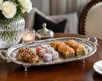Vassoio ovale vintage in argento, vassoio da portata ottomano, vassoio da tè/caffè con piedistallo, piatto decorativo per dessert, decorazione per la casa in stile antico