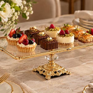 May include: A rectangular glass serving tray with a decorative gold metal rim and a pedestal base. The tray holds an assortment of small pastries, including fruit tarts topped with berries, chocolate squares, and cream cakes with pistachios.