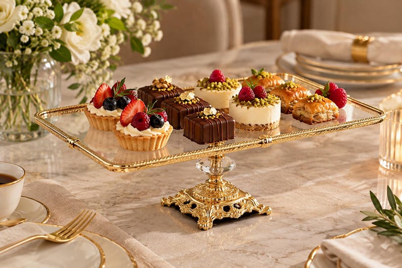 May include: A rectangular glass serving tray with a decorative gold metal rim and a pedestal base. The tray holds an assortment of small pastries, including fruit tarts topped with berries, chocolate squares, and cream cakes with pistachios.