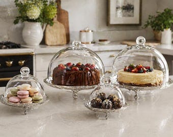Glas Cloche Kuchenständer Set, reich verziertes Silbertablett, Vintage Servierplatte (4 Größen)