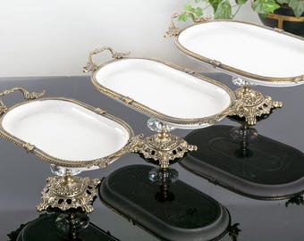 Vintage Style Porcelain Oval Serving Tray with Antique Brass Handles, Elegant  Table Decor