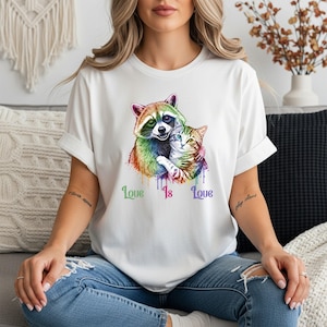 Raccoon Cat Rainbow Heart Shirt, Love Is Love Tee, Subtle Pride Statement