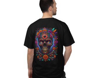 Colorful Sugar Skull Illustration T-Shirt | Day of the Dead Floral Skull