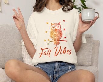 Fall Vibes Owl Tee, Unisex Garment-Dyed T-shirt, Harvest Season Shirt, Autumn Apparel, Cozy Tee