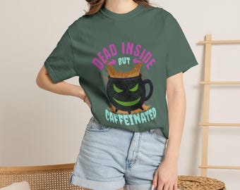 Caffeinated Dead Inside T-shirt, Funny Halloween Shirt, Unisex Tee, Vintage Look, Distressed Print