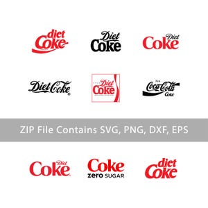 May include: A collection of Diet Coke and Coca-Cola logos in red and black. The logos include the words "Diet Coke", "Coke", and "Coca-Cola" in various fonts and styles. The image also includes the text "ZIP File Contains SVG, PNG, DXF, EPS".