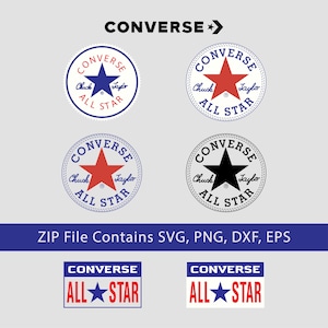 Pode incluir: Uma coleção de logotipos da Converse em vários designs. Os logotipos apresentam uma estrela e o texto "Chuck Taylor All Star". A imagem também inclui o texto "ZIP File Contains SVG, PNG, DXF, EPS" e o logotipo da Converse.