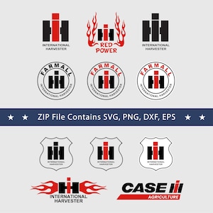 May include: A collection of International Harvester logos in black and red, including variations with flames and the text "RED POWER." The image also includes the text "ZIP File Contains SVG, PNG, DXF, EPS."