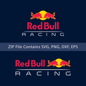 May include: A navy blue graphic featuring the Red Bull Racing logo. The logo includes two red bulls facing each other above the words "Red Bull" in red and "RACING" in white. The text "ZIP File Contains SVG, PNG, DXF, EPS" is also present.