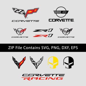 May include: A collection of Corvette logos and emblems in various designs. The logos feature the Corvette script, checkered flags, and the Corvette emblem. The text "ZIP File Contains SVG, PNG, DXF, EPS" is also present. The bottom logo reads "CORVETTE RACING".
