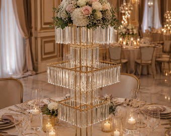 5-Tier Crystal Wedding Centerpieces Set of 2: 49" Tall Gold Flower Stands