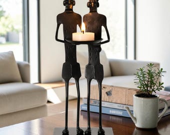 Couple Candle Holder: Black Metal Sculpture, Romantic Anniversary Gift, Wedding Decor, Modern Tabletop Figurine, Home Accent