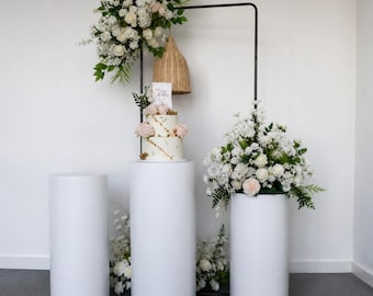 Set of 3 White Wedding Pedestal Stands: Metal Cylinder Display Plinths for Cakes Desserts and Event Decor