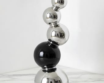 Abstract Sphere Sculpture: Black and Silver Ceramic Decor, Geometric Tabletop Art, Modern Home Accent, Office Desk Decor