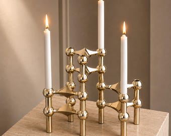Set of 5 Mid Century Modern Gold Modular Candle Holders Stackable Metal Candlesticks Vintage Style Space Age Decor