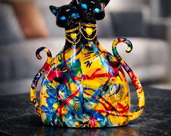 Colorful Cat Couple Statue, Abstract Resin Sculpture, Modern Home Decor, Romantic Gift, Unique Desk Accent, Anniversary Gift