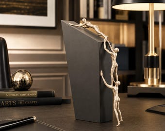 Teamwork Sculpture Gold Climbing Figures Cast Iron Office Decor Helping Hand Statue Leadership Gift Success Decor