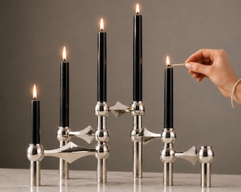 Set of 5 Modular Chrome Candle Holders Mid Century Modern Stackable Metal Candlesticks Vintage Style Space Age Decor