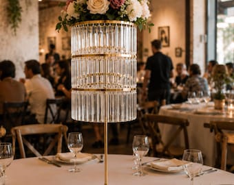 Tall Gold Acrylic Flower Stand, Crystal Floral Centerpiece, Elegant Wedding Vase, Luxury Event Decoration