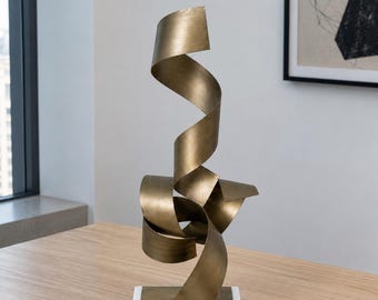 Abstract Metal Ribbon Sculpture Marble Base Modern Tabletop Sculpture Contemporary Home Decor