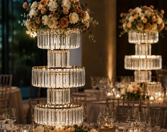 Set of 2 Gold 5-Tier Crystal Wedding Centerpiece 43" Tall Flower Stand Luxury Wedding Reception Table Decor