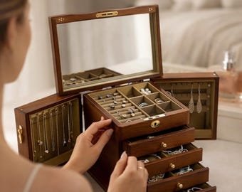 Solid Wood Jewelry Box Organizer with Mirror 4 Drawers Lockable Jewelry Case Necklace Ring Holder Gift for Her