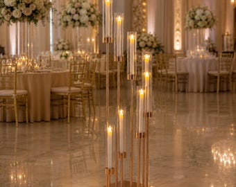 42" Tall Gold 8-Arm Candelabra, Wedding Centerpiece, LED Candle Holder, Table Decor