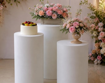 Set of 3 White Metal Cylinder Pedestals Wedding Cake Stands Display Plinths