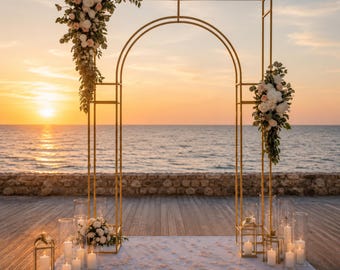 Gold Metal Wedding Arch Stand: Geometric Curved Arbor Frame Ceremony Backdrop Floral Party Decor