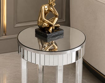 Mirrored End Table Round Side Table Silver Accent Table Modern Glam Furniture Luxury Living Room Decor Bedside Table