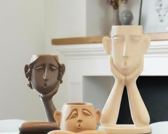 Set of 3 Minimalist Face Planters, Modern Resin Pots, Indoor Decor