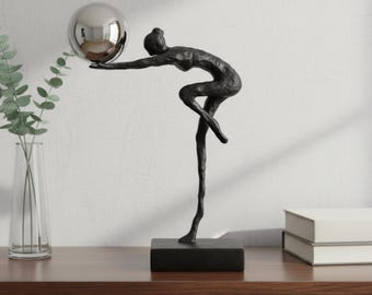 Cast Iron Gymnast Statue, Chrome Sphere Balance Sculpture, Modern Desk Decor